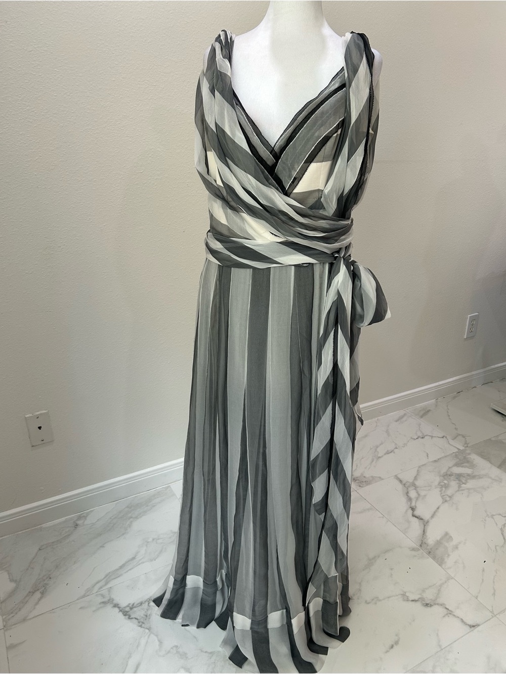 Carolina Herrera Runway Gray and White Striped Wrap Maxi Dress
